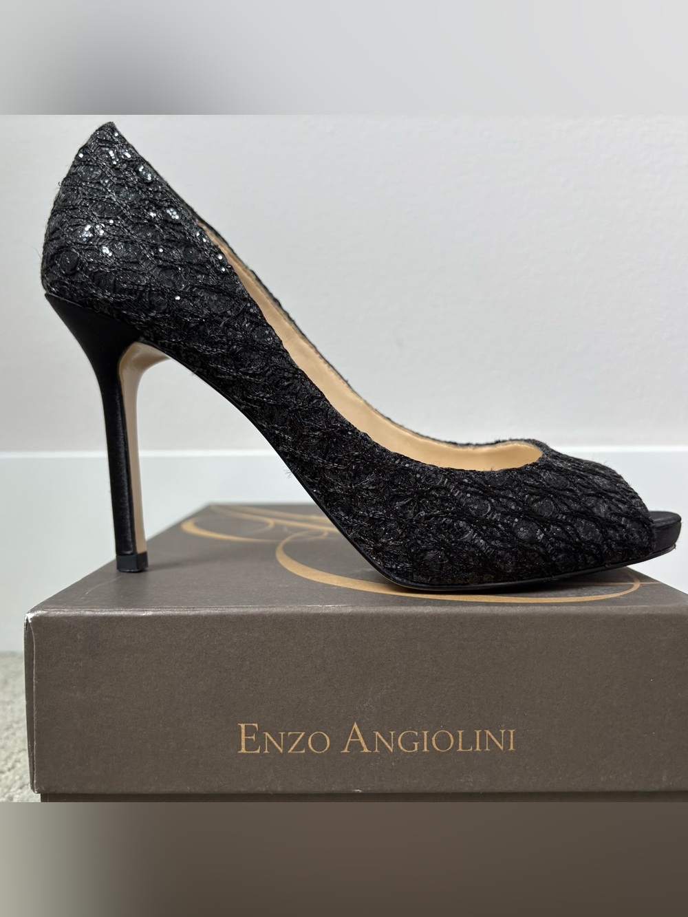 Enzo Angiolini Black Lace Peep-Toe Stiletto Pump